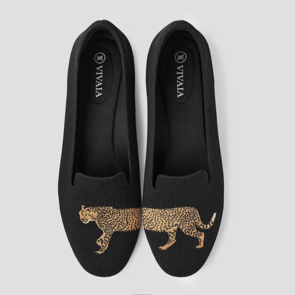VIVAIA, Round-Toe Embroidered Loafers (Audrey - Black Cheetah), Size 39 (US 8)